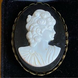 Vintage Cameo Brooch Pin Black White Classical Lady Portrait Gold Tone Setting